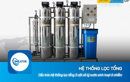 Cấu trúc hệ thống lọc tổng 3 cột xử lý nước sinh hoạt ô nhiễm