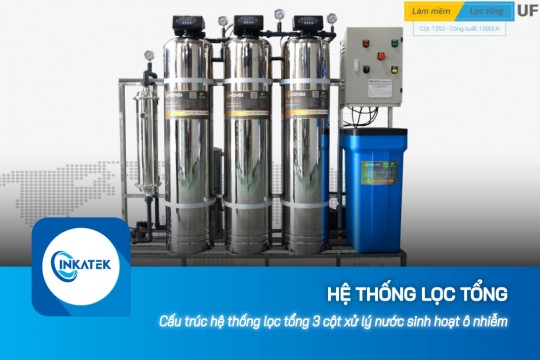 Cấu trúc hệ thống lọc tổng 3 cột xử lý nước sinh hoạt ô nhiễm